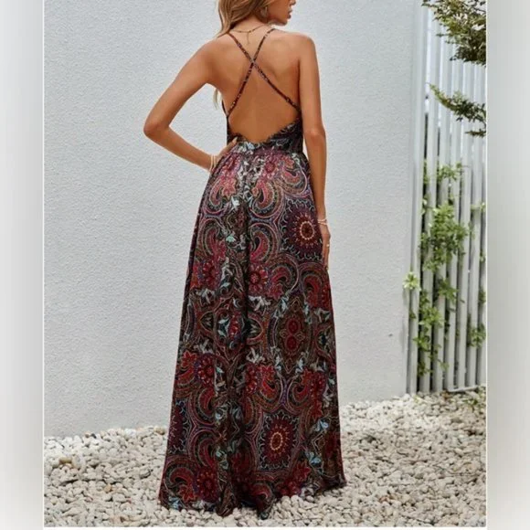 Plunging Neck Crisscross Backless Paisley Print Maxi Cami Dress - Picture 2 of 5